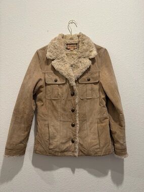 Wilson’s Leather Maxima jacket coat tan suede cream shearling collar vintage